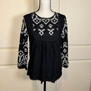 🟢Studio West Women's Black 3/4 Sleeve White Embroidered Long Sleeve Blouse Sz S